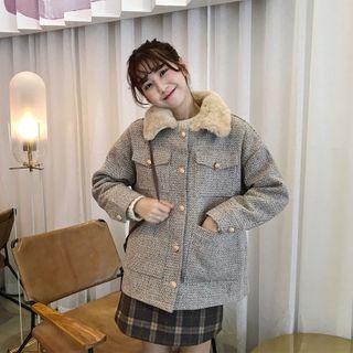 Faux-fur Collar Button Jacket Coffee - One Size