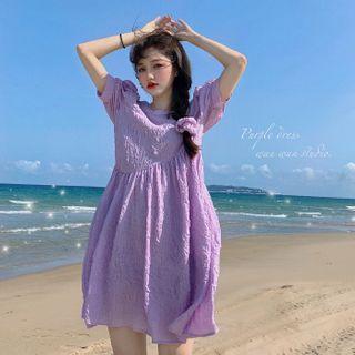 Puff-sleeve Loose Fit Ruffled Dress