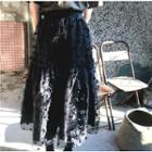 Pom Pom Midi A-line Mesh Skirt Black - One Size