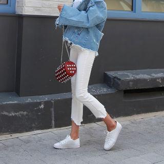 Cutout Fray-hem Straight-cut Pants