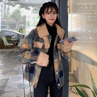 Fleece Panel Plaid Jacket Plaid - Yellow & Blue - One Size
