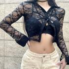 Long-sleeve Button-up Fitted Lace Crop Top