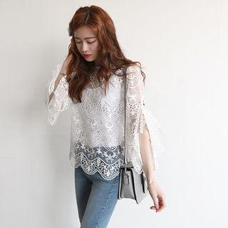 Ruffle-sleeve Sheer Lace Top