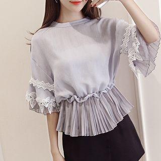 Elbow-sleeve Lace Trim Chiffon Blouse