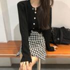 Long-sleeve Plain Knit Sweater / Houndstooth A-line Mini Skirt
