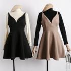 Set: High-neck Velvet Top + Sleeveless Wool Dress