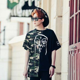 Camo Panel Printed Elbow Sleeve T-shirt