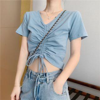 Plain V-neck Drawstring Crop Top