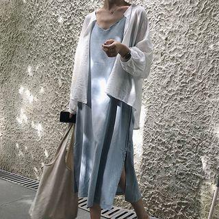 Plain Spaghetti Strap Midi Dress / Light Shirt