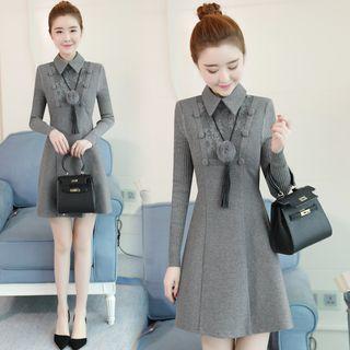 Long-sleeve Lace-panel Tweed Dress