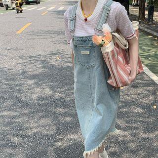 Washed Distressed Denim Midi Overall Dress