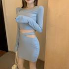 Set: Long-sleeve Top + Mini Pencil Skirt Top - Blue - One Size / Skirt - Blue - One Size
