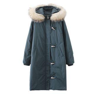 Furry Trim Toggle-button Hooded Down Coat