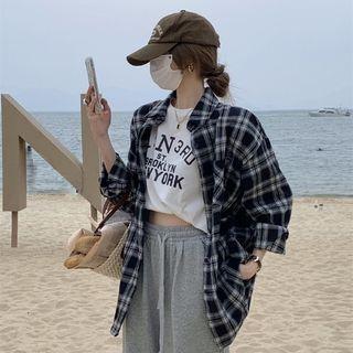 Short-sleeve Lettering T-shirt / Plaid Shirt / Jogger Pants
