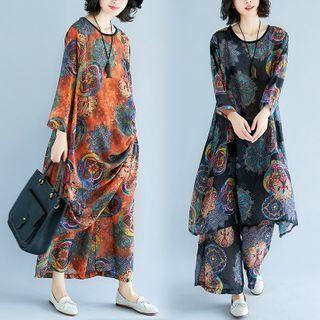 Set: Printed Long-sleeve Blouse + Wide-leg Pants