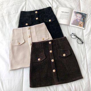 Plain Single-breasted Corduroy High-waist A-line Skirt