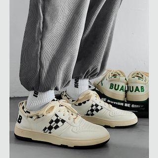 Letter Embroidered Checkered Panel Lace Up Sneakers