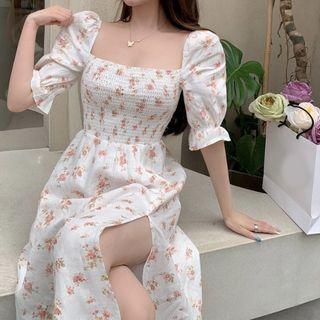 Puff-sleeve Square Neck Floral Split Dress As Shown In Figure - One Size