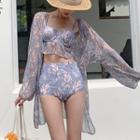 Set: Leaf Print Bikini Top + Bottom + Cover-up Jacket