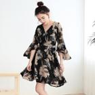 Floral Print 3/4 Sleeve V-neck Dress