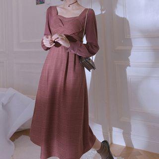 Square Neck Check A-line Dress
