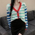 Striped Cardigan Green & White & Blue - One Size