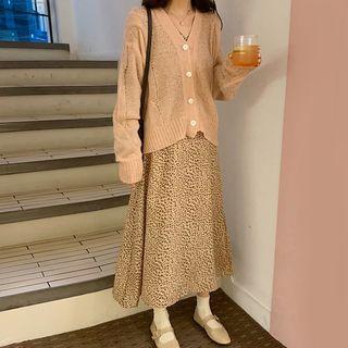 Plain Cardigan / Floral Midi A-line Dress