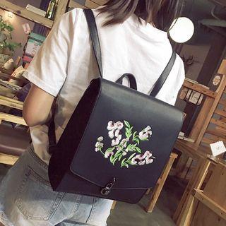 Embroidered Faux-leather Square Backpack