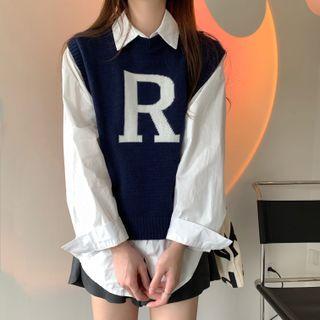 Round-neck Lettering Embroidered Knit Vest