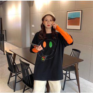 Mock Two-piece Smiley Face Print Long-sleeve T-shirt
