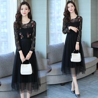 Floral Embroidered Long-sleeve A-line Midi Mesh Dress