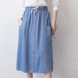 Embroidered Drawstring Buttoned Midi Denim Skirt