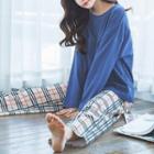 Loungewear Set : Long-sleeve Plain Top + Plaid Pants