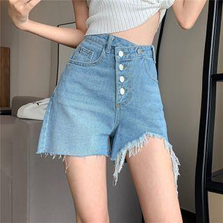 High-waist Asymmetric Distressed Denim Shorts