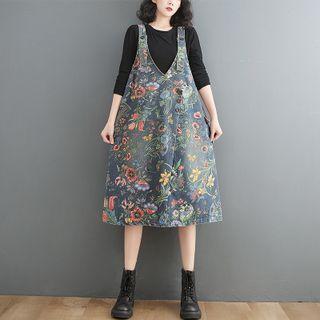 Floral Denim Midi A-line Overall Dress
