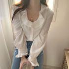 Long-sleeve Ruffle Trim Plain Shirt White - One Size