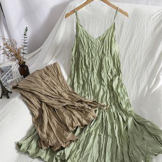 Spaghetti Strap Crinkle Midi A-line Dress