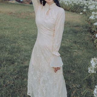 Mandarin Collar Lace Long-sleeve Midi A-line Dress