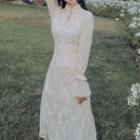 Mandarin Collar Lace Long-sleeve Midi A-line Dress