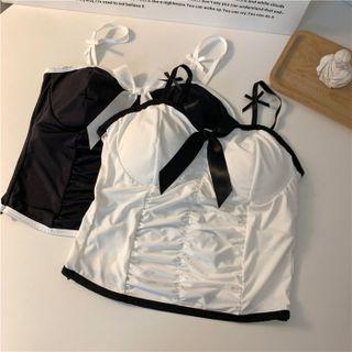 Two Tone Bow Pleated Cropped Tank Top