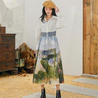 Mock Two-piece Long-sleeve Print A-line Midi Shirt Dress