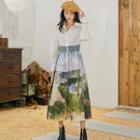 Mock Two-piece Long-sleeve Print A-line Midi Shirt Dress