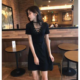 Plain V-neck Lace-up Slim-fit Short-sleeve Dress