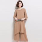 Set: 3/4-sleeve Long Sweater + Wide Leg Cropped Pants