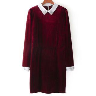 Long-sleeve Contrast-trim Velvet Dress