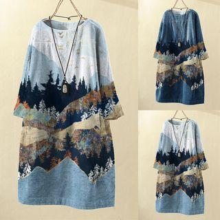 Elbow-sleeve Tree Print Midi A-line Dress