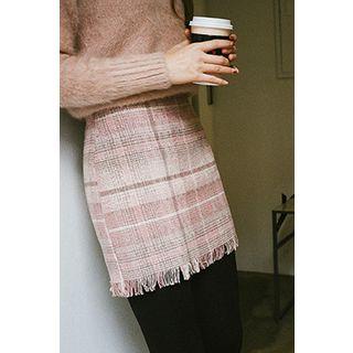 Fringed Plaid Wool Blend Mini Skirt