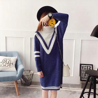 Color Block Turtleneck Long Sleeve Knit Dress