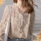 Long-sleeve Floral Chiffon Button Front Blouse