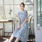 Tie-waist Floral Print Dress Sky Blue - One Size